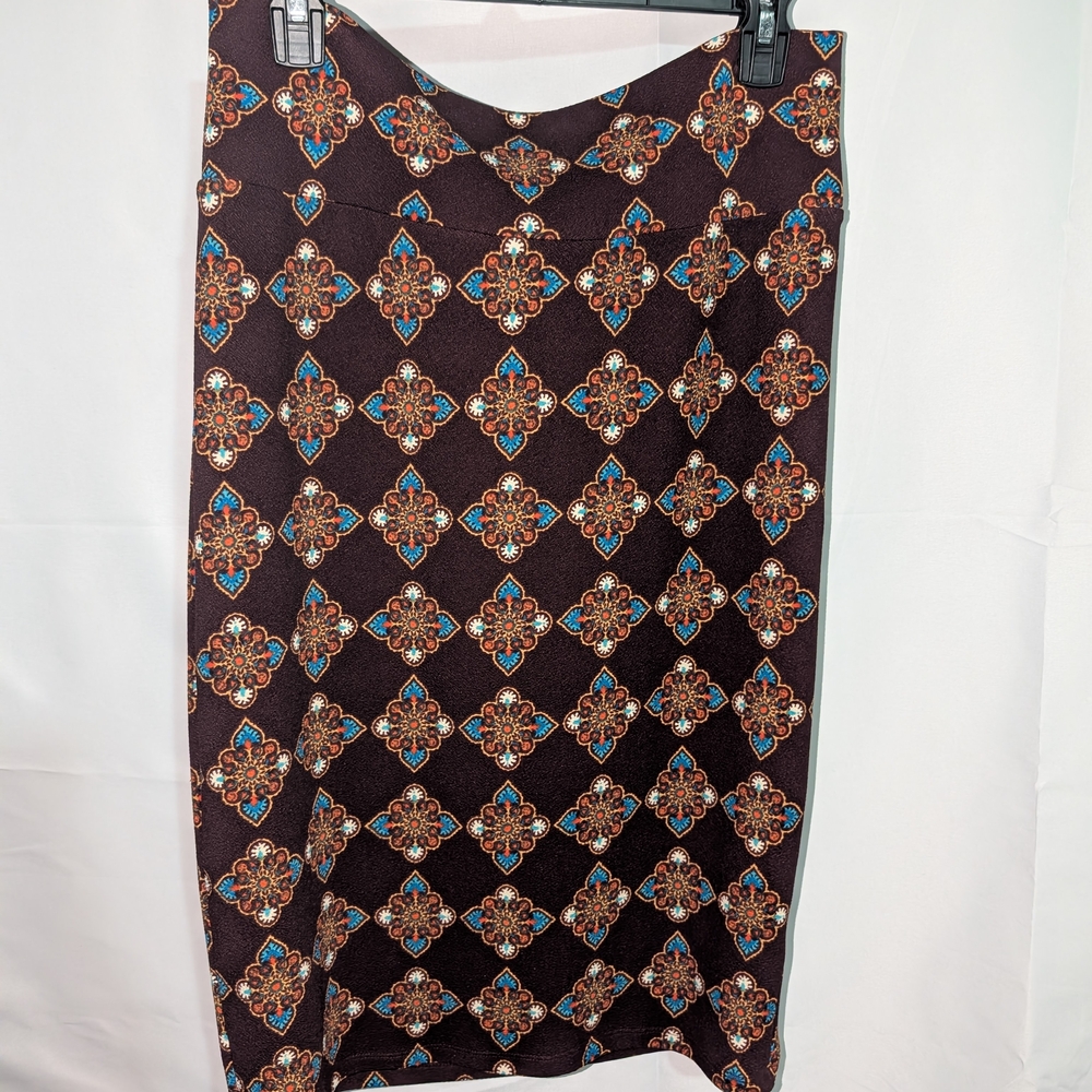 LuLaRoe Cassie Pencil Skirt -Brown, Orange and Blue Patterned Pencil Skirt